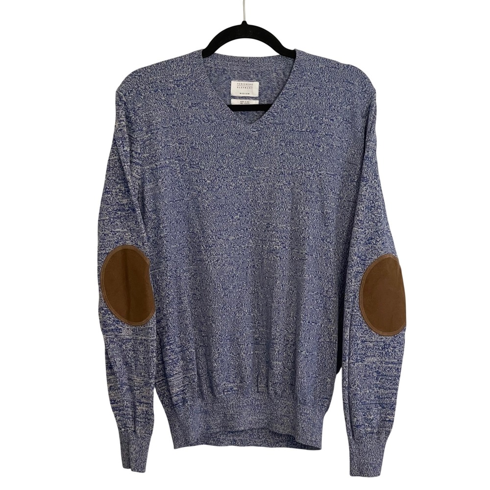 Vanishing Elephant Mens Blue Marled Cotton V-Neck Sweater Elbow‎ Patches Medium